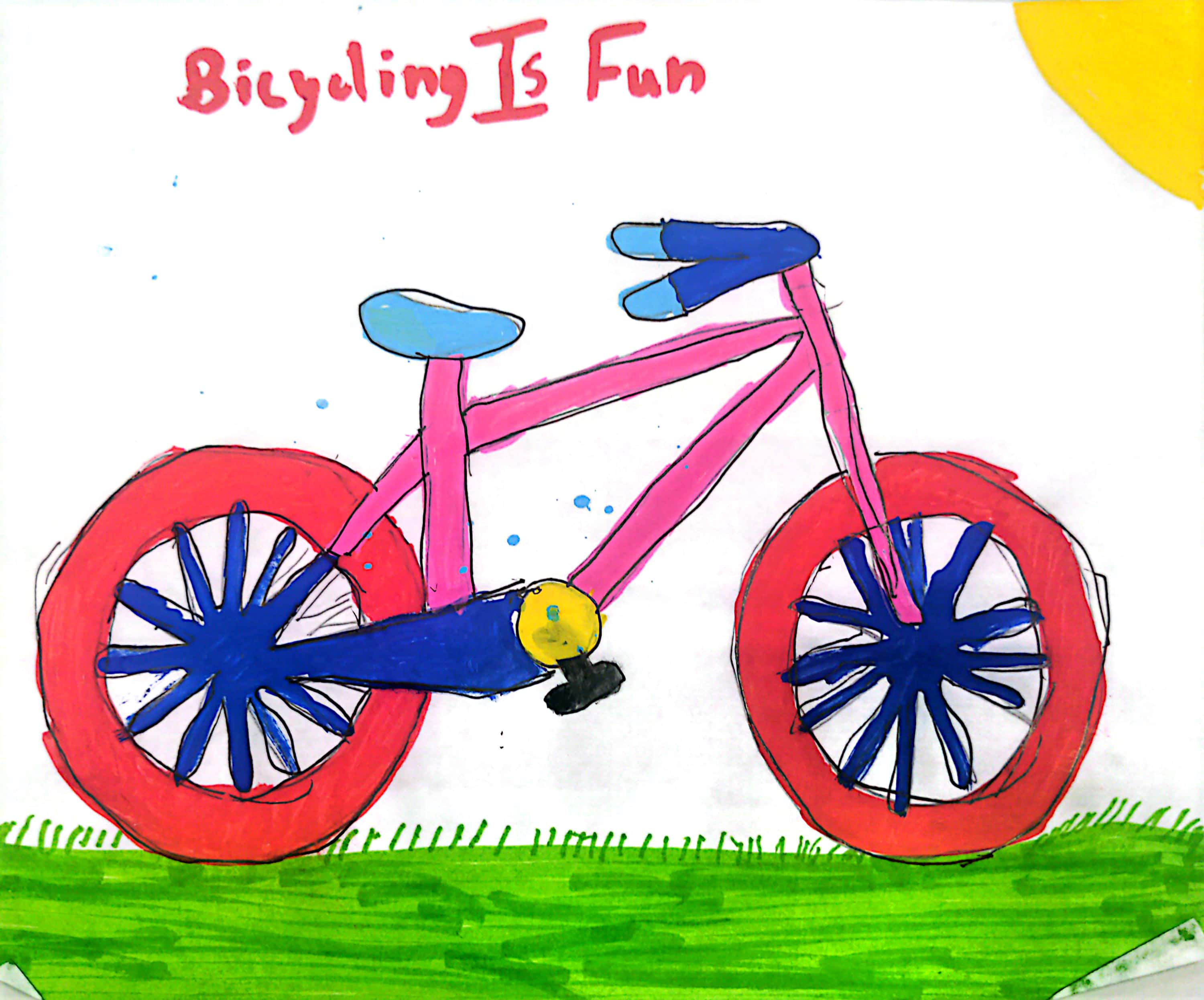 Student artwork with colorful bike prominently featured in the center, standing on green grass. Title 
